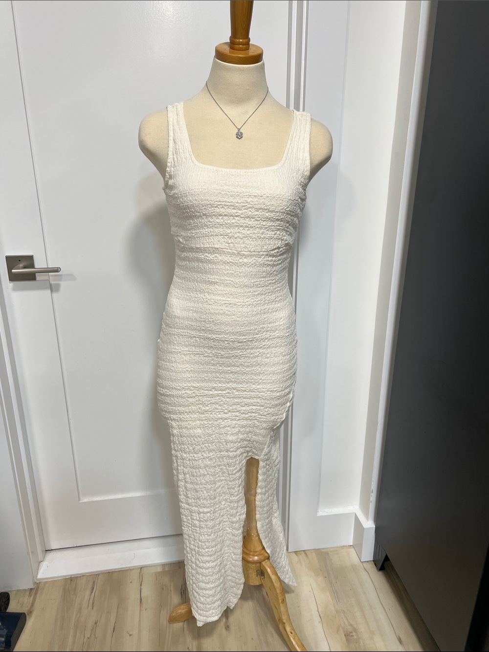 Sleeveless Cream Textured Maxi Dress with Side Slit